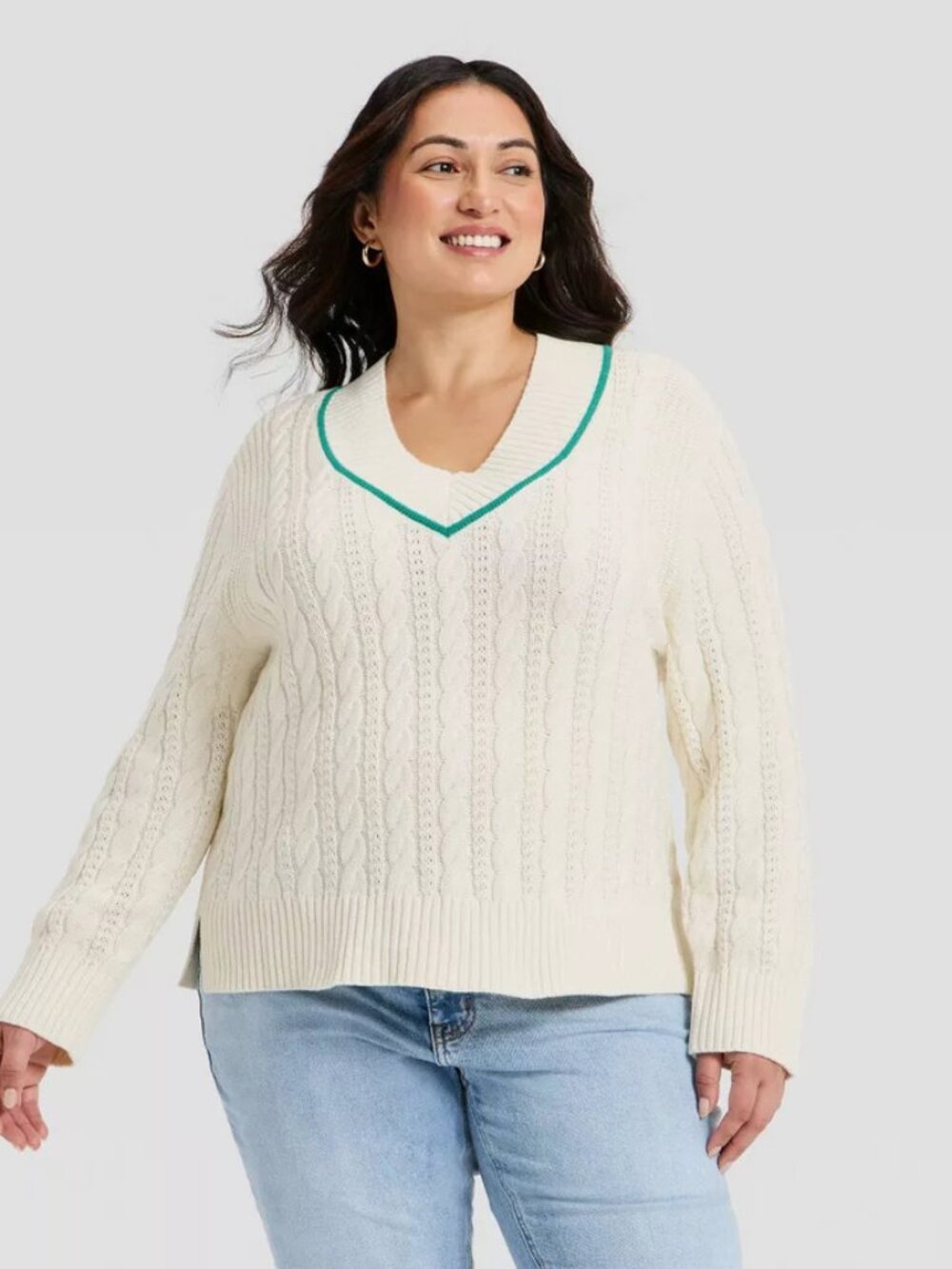 Women's Long Sleeve Cable Knit V-Neck Pullover Sweater - Ava & Viv Cream 2X